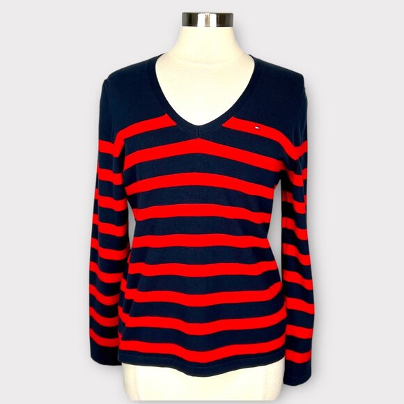Tommy Hilfiger Womens Striped V Neck Sweater Navy Blue Red Long Sleeves size L - Picture 1 of 12